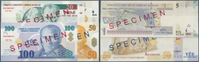 Turkey / Türkei
series of 6 specimen banknotes containing 1, 5, 10, 20, 50 and 100 Lira 2005 Specimen P. 216s-221s, 1x aUNC (the 20) and 5x UNC, nice...