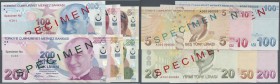 Turkey / Türkei
series of 6 different specimen banknotes containing 5, 10, 20, 50, 100 and 200 Lira 2009 Specimen P. 222s-227s, all in condition: UNC...