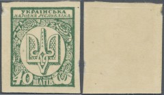 Ukraina / Ukraine
40 Shahiv ND( 1918) stamp currency without perforation and with blank reverse, P.10b. Very Rare item in aUNC condition condition wi...