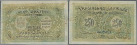 Ukraina / Ukraine
250 Karbovantsiv 1918, P.39a in light green color instead of brown with several folds, stained paper and tiny pinhole at upper righ...