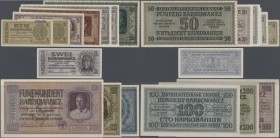 Ukraina / Ukraine
highly rare set with 11 Banknotes Ukraine Zentralnotenbank 1942 during the German Occupation comprising 2 x 1 Karbowanez, 5, 10, 2 ...