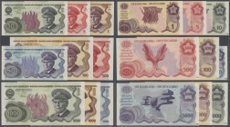 Yugoslavia / Jugoslavien
Set with 9 not issued Banknotes series ND(1981), P.NL,containing 1, 5, 10, 50, 100, 500, 1000 (green), 1000 (yellow) and 500...