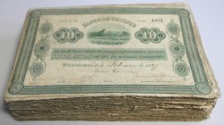 Colombia / Kolumbien
Very big bundle of 271 banknotes 10 Pesos ””Banco De Oriente” 1884-90 P. S699, all in very used condition with stains, folds and...