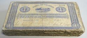 Colombia / Kolumbien
Very big bundle of 182 banknotes 1 Peso 1890 ”Banco de Oriente” P. S697, all in very used condition with stains, folds and creas...