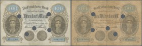 Deutschland - Altdeutsche Staaten
Frankfurter Bank 100 Mark 1890, PiRi A90, P.S226b mit Entwertungslöchern in gebrauchter Erhaltung mit Knicken, Flec...