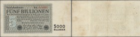 Deutschland - Deutsches Reich bis 1945
Deutsches Reich: 5 Billionen Mark 1923, Ro.127 Kreuzblüten, gebraucht, Löcher, Erhaltung: VF