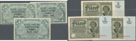 Deutschland - Bank Deutscher Länder + Bundesrepublik Deutschland
kleines Lot mit 3 Banknoten zu 1/2 DM 1948 mit ”B” Stempel, Ro.231a, alle drei in le...