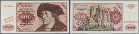 Deutschland - Bank Deutscher Länder + Bundesrepublik Deutschland
500 Mark 1960 MUSTER / Specimen Ro.267M, P. 23, mit Nullnummer, gepresst, oben links...