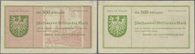 Deutschland - Notgeld - Württemberg
Isny, Gewerbe- und Landwirtschaftsbank, 500 Mrd. Mark, 15.10.1923, ohne KN und Unterschriften, Rückseite mit grün...