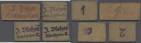 Deutschland - Notgeld - Württemberg
Kirchheim / Teck, J. Bleher, 2 x 1 (Varianten im Stempel), 2, 3 (Pf.), o. D. (1919), Kartonmarken in unterschiedl...