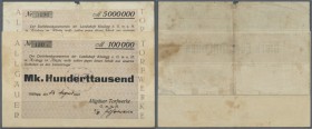 Deutschland - Notgeld - Württemberg
Kisslegg, Allgäuer Torfwerke GmbH, 100 Tsd. Mark, 24.8. (hschr.), 5 Mio. Mark, 15.9. (hschr.) 1923, Erh. IV-, tot...