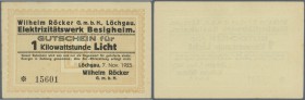Deutschland - Notgeld - Württemberg
Löchgau, Wilhelm Röcker GmbH, Elektrizitätswerk Besigheim, 1 Kilowattstunde Licht, 7.11.1923, Erh. I-II, von groß...