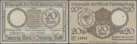 Deutschland - Notgeld - Württemberg
Ludwigsburg, Stadt, 5, 20 Mark, 24.10.1918, mit KN, unentwertet, 5 Mark Erh. I-, 20 Mark Erh. III, total 2 Schein...
