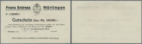 Deutschland - Notgeld - Württemberg
Nürtingen, Franz Entress, 100 Tsd. Mark, 20.8. (gestempelt) 1923, mit KN , ohne Unterschrift, Erh. I-II