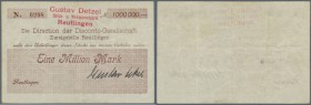 Deutschland - Notgeld - Württemberg
Reutlingen, Gustav Detzel, 1 Mio. Mark, o. D., Scheck auf Disconto-Gesellschaft, Erh. III