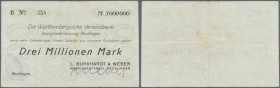 Deutschland - Notgeld - Württemberg
Reutlingen, L. Burkhardt & Weber, Maschinenfabrik, 3 Mio. Mark, 8.9.1923 (Datum gestempelt), Scheck auf Württembe...