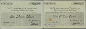 Deutschland - Notgeld - Württemberg
Reutlingen, Emil Adolff A.G., 1 Mio. Mark, 25.8.1923, 30.8.1923, Daten gestempelt, Schecks auf Württembergische V...