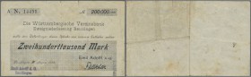 Deutschland - Notgeld - Württemberg
Reutlingen, Emil Adolff A.G., 200 Tsd. Mark, 30. (hschr. geändert aus 18.) 8.1923, Scheck auf Württembergische Ve...