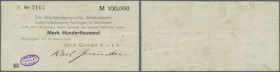 Deutschland - Notgeld - Württemberg
Reutlingen, Ulrich Gminder GmbH, 100 Tsd. Mark, 10.8.1923, Serie B, Scheck auf Württembergische Vereinsbank, Erh....