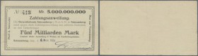 Deutschland - Notgeld - Württemberg
Schramberg, Pfaff & Schlauder, 5 Mrd. Mark, 6.11., 9.11.1923 (Daten gestempelt), Zahlungsanweisungen auf Gewerbeb...