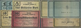 Deutschland - Notgeld - Württemberg
Sontheim, Gemeinde, 1 (2, KN-Varianten), 5, 10, 20 Mrd. Mark, 30.10.1923, Erh. II (4), IV, total 5 Scheine