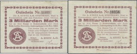 Deutschland - Notgeld - Württemberg
Stuttgart / Kornwestheim, A. Stotz AG, 3 Mrd. Mark, 26.10.1923, KN 4,5 mm und 6 mm, Erh. III, 2 Scheine