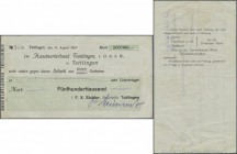 Deutschland - Notgeld - Württemberg
Tuttlingen, F. X. Sichler, Baustelle Tuttlingen, 500 Tsd. Mark, 14.8.1923, gedr. Scheck auf Handwerkerbank Tuttli...