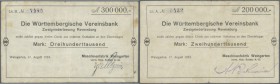 Deutschland - Notgeld - Württemberg
Weingarten, Maschinenfabrik Weingarten vorm. Hch. Schatz A.-G., 200, 300 Tsd. Mark, 17.8.1923, Erh. III-IV, total...