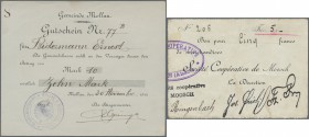 Deutschland - Notgeld
Elsaß, Lot von 14 Notgeldscheinen von 1914, dabei Mollau 10 Mark, 30.11.1914, Moosch Societé Cooperative 5 Fr. und 12 Scheine W...