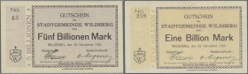 Deutschland - Notgeld - Württemberg
Wildberg, Stadtgemeinde, 5, 10, 20, 50, 100 Mio. Mark, 1.10.1923, je 3 Schriftvarianten der Wertzeile, 1, 5 Mrd. ...