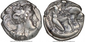 CALABRIA. Tarentum. Ca. 380-280 BC. AR diobol (12mm, 1.20 gm, 12h). NGC Choice XF 4/5 - 4/5. Head of Athena right, wearing crested Attic helmet decora...