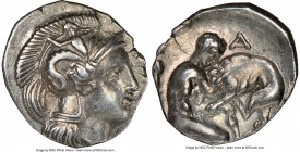 CALABRIA. Tarentum. Ca. 380-280 BC. AR diobol (11mm, 1.16 gm, 12h). NGC XF 4/5 - 5/5. Head of Athena right, wearing crested Attic helmet decorated wit...
