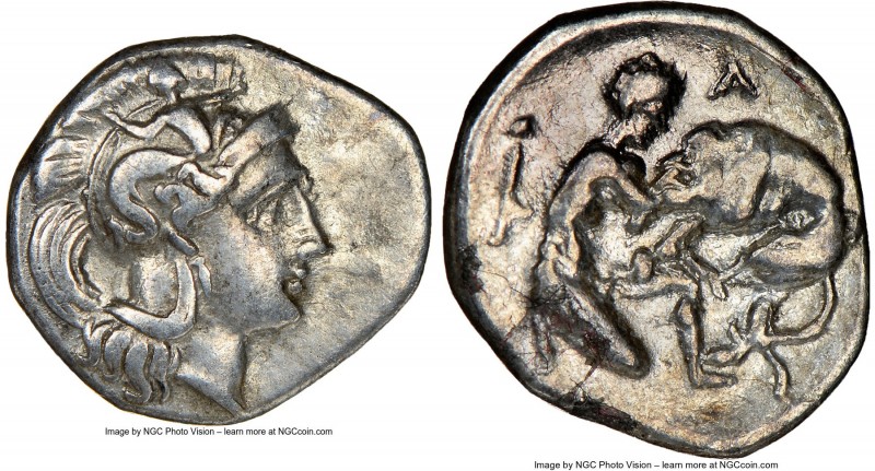 CALABRIA. Tarentum. Ca. 380-280 BC. AR diobol (12mm, 4h). NGC Choice VF. Head of...