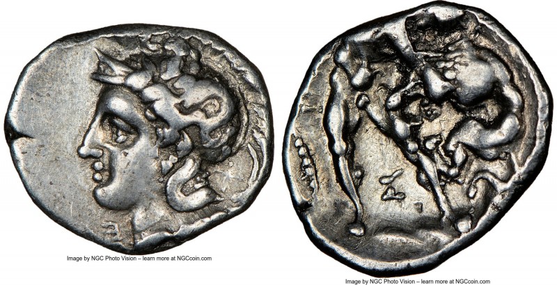 CALABRIA. Tarentum. Ca. 380-280 BC. AR diobol (13mm, 2h). NGC Choice VF. Head of...