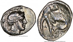 CALABRIA. Tarentum. Ca. 380-280 BC. AR diobol (13mm, 4h). NGC Choice VF. Head of Athena right, wearing crested Attic helmet decorated with figure of S...