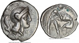 CALABRIA. Tarentum. Ca. 380-280 BC. AR diobol (13mm, 3h). NGC Choice VF, brushed. Head of Athena right, wearing crested Attic helmet / TAPAΣ, Hercules...
