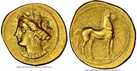 ZEUGITANA. Carthage. Ca. 350-320 BC. AV stater (20mm, 9.28 gm, 3h). NGC Choice AU 5/5 - 4/5. Bust of Tanit left, hair wreathed with barley ears, weari...