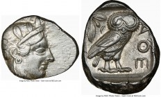 ATTICA. Athens. Ca. 440-404 BC. AR tetradrachm (27mm, 17.18 gm, 10h). NGC AU 3/5 - 4/5. Mid-mass coinage issue. Head of Athena right, wearing crested ...