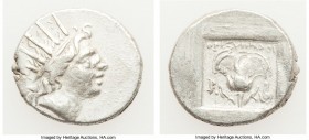 CARIAN ISLANDS. Rhodes. Ca. 88-84 BC. AR drachm (15mm, 2.45 gm, 12h). VF. Plinthophoric standard, Thrasymedes, magistrate. Radiate head of Helios righ...