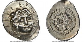 CARIAN ISLANDS. Rhodes. Ca. 84-30 BC. AR drachm (22mm, 6h). NGC AU, edge bend. Critocles, magistrate. Radiate head of Helios facing, turned slightly r...