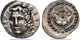 CARIAN ISLANDS. Rhodes. Ca. 84-30 BC. AR drachm (20mm, 6h). NGC Choice XF. Radiate head of Helios facing, turned slightly left, hair parted in center ...