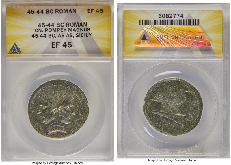 Sextus Pompey, as Imperator (48-35 BC). AE as (30mm, 1h). ANACS XF 45. Uncertain...