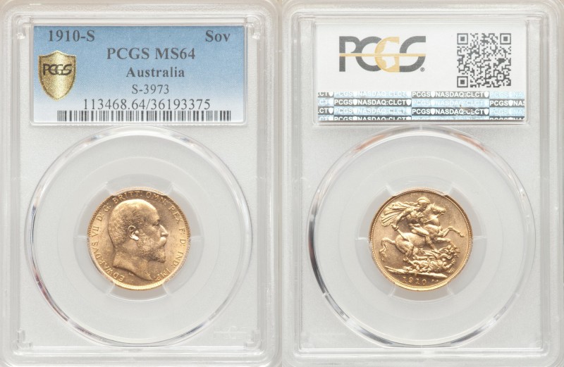 Edward VII gold Sovereign 1910-S MS64 PCGS, Sydney mint, KM15. AGW 0.2355 oz. 
...