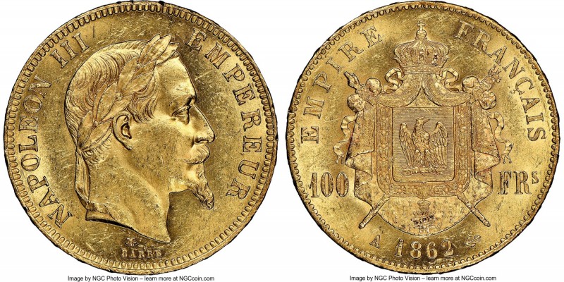 Napoleon III gold 100 Francs 1862-A MS61 NGC, Paris mint, KM802.1, Fr-551. Minta...