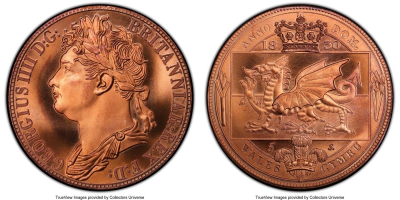 George IV copper Fantasy Issue 5 Shilling 1830-Dated MS68 Red PCGS, KM-Unl.

H...