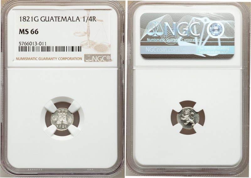 Ferdinand VII 1/4 Real 1821-G MS66 NGC, Nueva Guatemala mint, KM72. Semi-Proofli...