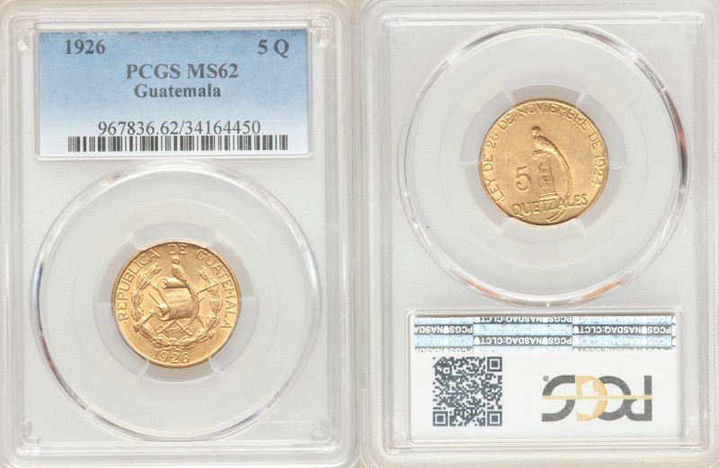 Republic gold 5 Quetzales 1926-(P) MS62 PCGS, Philadelphia mint, KM244. One year...