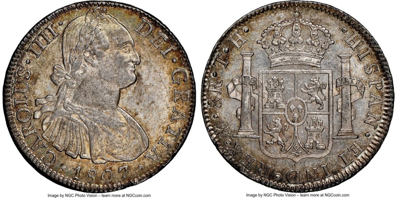 Charles IV 8 Reales 1807 Mo-TH MS62 NGC, Mexico City mint, KM109. Full detail, g...