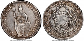 Spanish Colony. Isabel II Counterstamped 8 Reales ND (1834-1837) XF40 NGC, KM138.2. C/S AU Standard. Type VI Counterstamped Peru Republic 8 Reales 183...