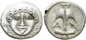 THRACE. Apollonia Pontika. Tetrobol (425-375 BC). 

Obv: Facing gorgoneion.
Rev: Anchor; crayfish to left, A to right.

SNG Apollonia Pontica 301...